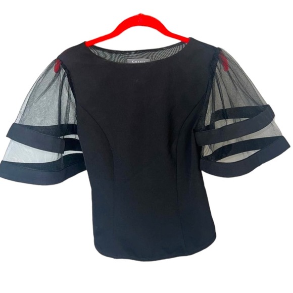 Gracia Black Mesh Bell Sleeve Blouse Size Small - Picture 10 of 10